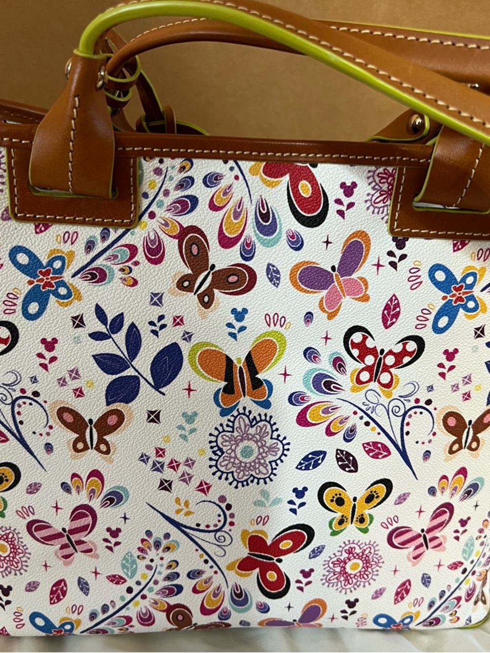 Dooney & Bourke White Floral & Butterfly Tote with Tan Trim - Picture 3 of 4